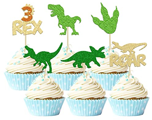Gyufise 24Pcs Dinosaur Cupcake Toppers Glitter 3 Rex Roar Dinosaur Cupcake Picks Three Years Old Dino Theme Baby Shower Third Birthday Party Cake Decorations Supplies Gold