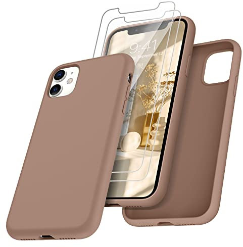 DOMAVER Coque iPhone 11,Silicone avec 2 Verre Trempé,Case Liquide Housse iPhone 11 Antichoc Doublure en Microfibre Douce Etui Fin, Brune Caramel