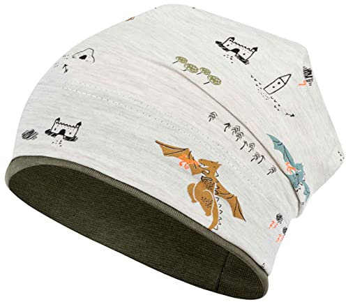 Smarilla Jungen Mütze Übergangsmütze Beanie Drachen Frühling Herbst Baumwolle, Größe: 50-52, Farbe: Drachen-Ecru