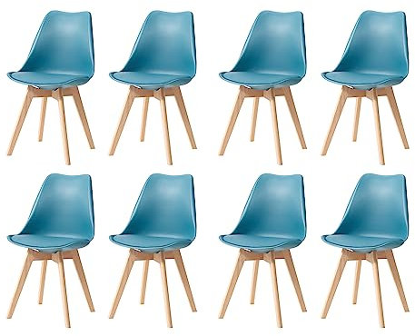 GrandCA HOME 8er Set Skandinavischer Esszimmerstühlen, Gepolsterter Stuhl mit Beinen aus Buchenholz, für Esszimmer, Wohnzimmer, Schlafzimmer, Küche (TintenGrün)