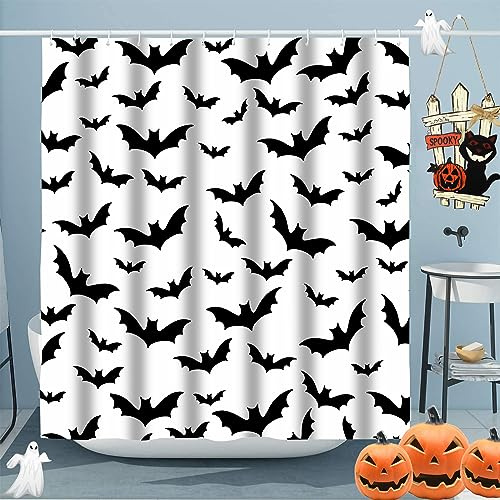 ubnlkto Rideau de douche effrayant pour Halloween, motif horreur gothique, chauve-souris, rideaux de douche en tissu polyester pour salle de bain, crochets inclus, 183 x 183 cm