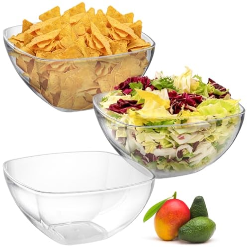 TOPZEA Set of 3 Clear Plastic Serving Bowls for Party, 94oz Acrylic Large Salad Mixing Bowl Set Kitchen Reusable Snacks Bowl for Fruit Chips Dips Popcorn, Break-Resistant