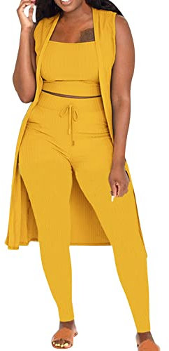 QWUVEDS Herbst Winter Frauen Stretchy Wear 2022 Einfarbig 3 Stück Hosen Set Damen Gerippt Lässig Ärmellos Mantel Weste Und Hose DREI PC Outfits Sporthosen Für Damen (Yellow, L)