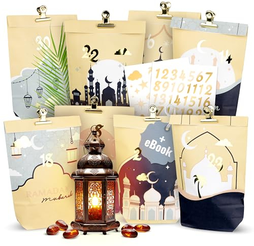 AMARI ® Ramadan Tüten (30 Tüten inklusive Sticker & Klammern) - Ramadankalender zum Befüllen - Ramadan Kalender Tüten - Ramadan Kalender Bastelset