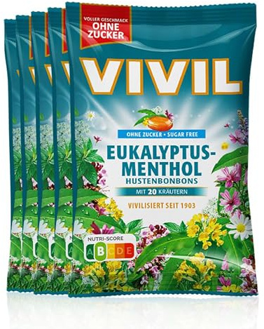 VIVIL Eukalyptus-Menthol mit 20 Kräuter, 5 Beutel, Hustenbonbons mit Eukalyptusgeschmack, zuckerfrei & vegan, 5 x 120g