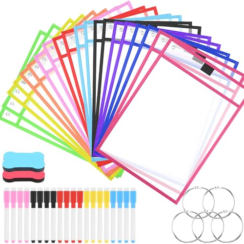 20 PCS Reusable Dry Erase Pockets, Dry Erase Pockets Set, Wipe Drawing Board Dry Brush Bag for Classrooms, Home & Work Fit's A4 Paper Heavy Duty Paper Holders with 20xErase pens, 2XEraser, 5xKey Ring