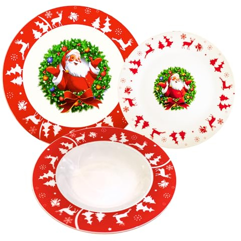 Omniacasa Set di 36 Piatti Porcellana di Natale Per 12 Persone Con Decoro Babbo Natale Con Ghirlanda Natalizia Paesaggio Renne ed Albero