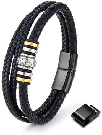 YUNCHUANG Men's Genuine Leather Bracelet - Premium Woven Design, Stainless Steel Clasp, Honor Black, Gift Box Included