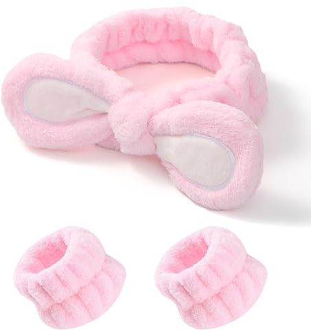 BYXG Haarband Kosmetik, Handgelenk Waschband, Abschmink Haarband, Gesicht Waschen Stirnband, Spa Stirnband, Beauty Haarband, Hasen Ohren zum Waschen des Gesichts und 2 Handgelenkschlaufen, 3 Stück
