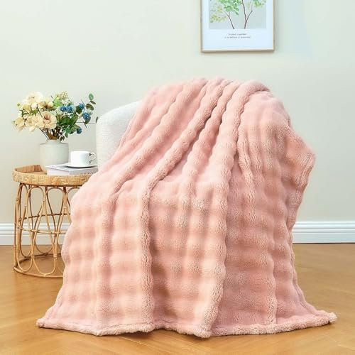 Wajade Fluffy Flannel Blanket Pink Bubble Faux Fur Bed Throw Super Soft Warm Large Blanket for Bed Sofa Car, 127x153CM