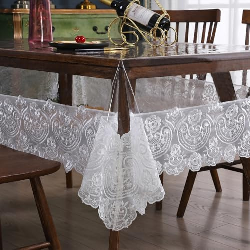 Klare Kunststoff-Tischdecke wasserdicht Rechteck Vinyl Tischdecke mit gestickter Spitze Tischabdeckung für Essen Küche Buffet Bankett Parteien (47x70 Zoll, Weiß)