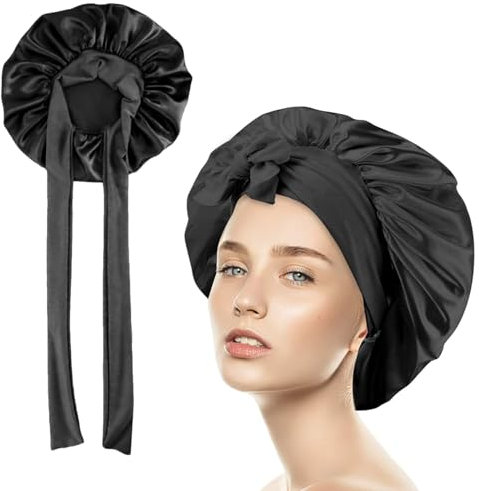 JNOUCS Silk Bonnet for Sleeping, 1pc Adjustable Satin Shower Cap Night Sleeping Cap with Soft Elastic Band, Used Sleep Skin Care, Suitable for Women Long, Straight, Curly Hair (Black)