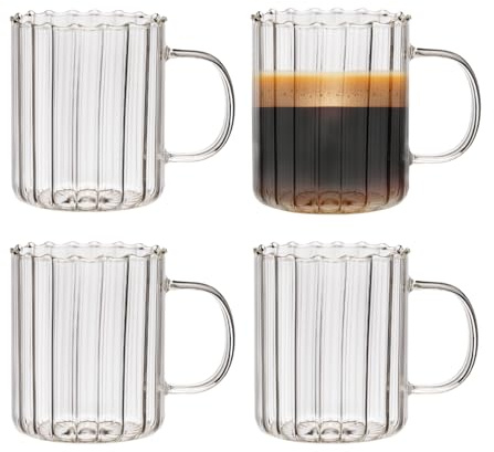 Zoha Riffle Cup Gläser Set | Design Riffle Glass | Borosilikatglas | Trinkgläser Cocktailgläser Eiskaffeegläser Matcha Gläser Wasser Tee Saft Kaffee | Spülmaschinengeeignet | 350 ml (4er Set)