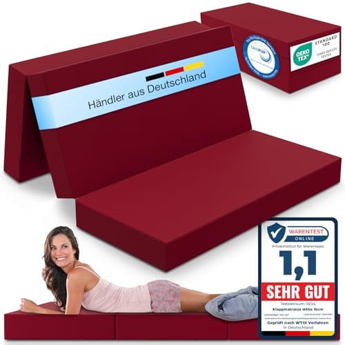 ELONEO Klappmatratze, Gästematratze, 3-teilige Faltmatratze, Schaumstoff extra dick (15cm), waschbar, Bandscheibenwürfel, klappbar, Faltbare Matratze, Erwachsene (Rot, 140 x 195 x 15 cm)