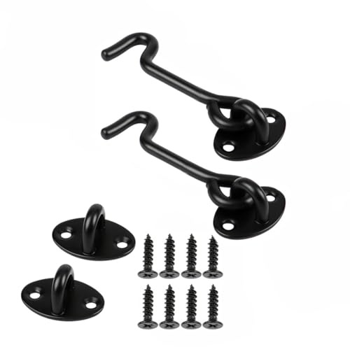 2Pcs Hook and Eye Latch - 3 Inch Black Cabin Hook, Stainless Steel Gate Latch, Heavy Duty Cabinet Latches with Mounting Screws, Eye Latch Swivel Window Hook for Sliding Door, Bathroom (Black)