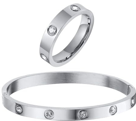 RIXERKOC Gold Ringe Armbänder für Damen 18K Gold plattiert Liebe Freundschaft Armband Cubic Zirkonia Armreif mit Ring Edelstahl Schmuck-Set Hochzeit Band Schmuck (Silberarmband mit Ring Größe 7)