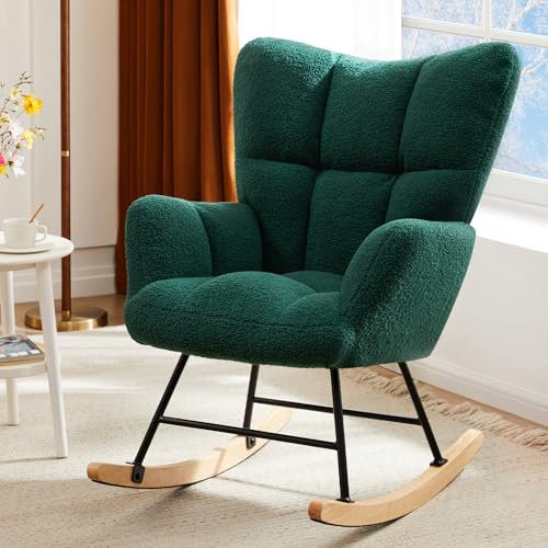 DUMOS Schaukelstuhl, Teddy-gepolsterter Sessel mit Hoher Rückenlehne, Moderner Stil Schminktisch Stuhl, Komfortabler Rückenlese-Ohrensessel, geeignet für Wohnzimmer, Schlafzimmer (Grün)