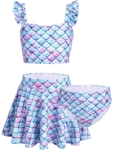 Arshiner Meerjungfrau Bikini Mädchen Tankini Set 3er Kinder Blau Bustier Bikinislip mit Rock Badeanzug Rüschen Bademode 160/11-12 Jahre