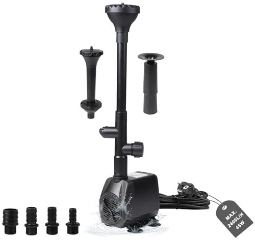 EXLECO Pompa Laghetto Fontana Pompa Stagno 2500L/H Pompa Acqua Pomps Ruscello 45W Pomp per Acquario Pomp per Filtro Pomp Dell'acqua per Fontana Laghetti con 4 Ugelli, 5M Cavo, 3 Stili di Fontana