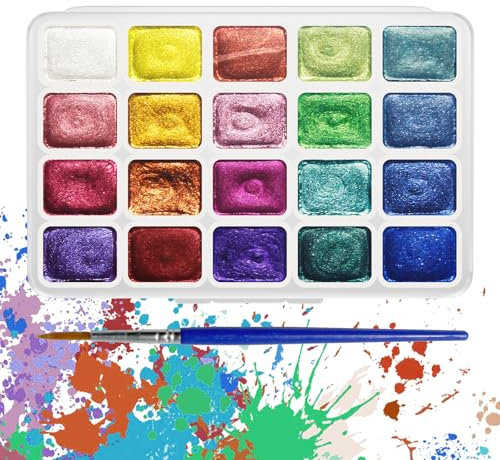 20 Farben Glitzer Aquarellfarben,Aquarell Metallic Farben,Mit 1 Aquarellstift,Aquarellfarbe,Inklusive Aufbewahrungsetui,Das Sie Immer Bei Sich Tragen Können,Ideal Für Studenten, Amateure Und Künstler