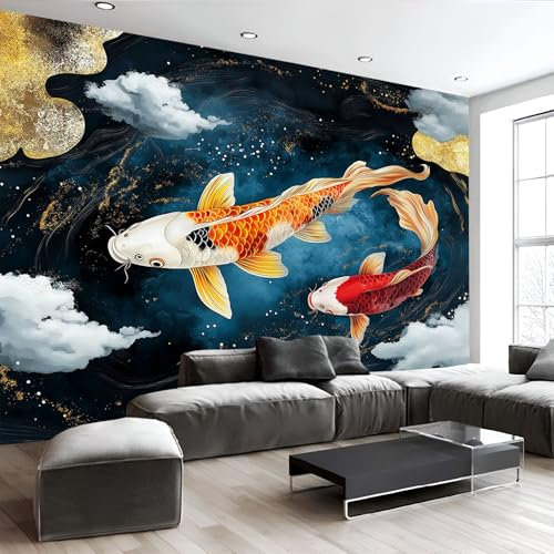 Fototapete 3D Effekt Wand Dekoration, Abstrakt Koi Seidentuch Tapete, 308X220Cm (B×H) Wohnzimmer Schlafzimmer China Tinte Tapete Wandtapete Uv-Beständig Montagefertig