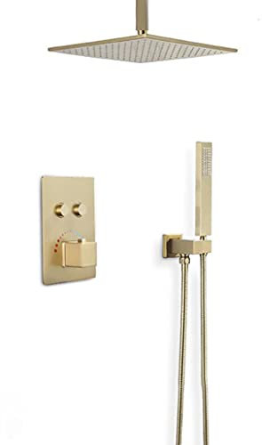 JYHUHGRG Ensemble de Douche thermostatique en Laiton doré brossé, Montage au Plafond, avec pommeau de Douche carré de 25 à 30 cm et douchette à Main, 30 cm