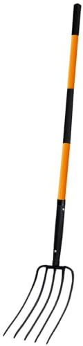 FORCOLID Pitch Fork-58 Inch，5-Tine Steel Garden Fork Heavy Duty, Mulch with Cushion Grip, Orange Fiberglass Handle