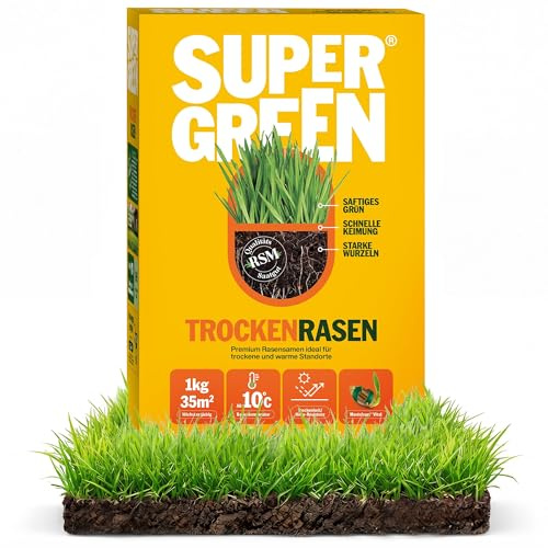 SUPERGREEN Trockenrasen Rasensamen | 1kg | Premium Saatgut für sonnige & trockene Flächen | Schnellkeimend, wassersparend & robust | RSM Qualität & Mantelsaat® Vital | Dicht & sattgrün