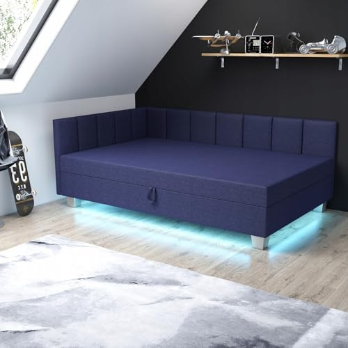 TAPCZANY24 - Boxspringbett Marcela+, Bett mit Matratze 100 cm Breite, Polsterbett mit Bettkasten, Taschenfederkernmatratze, Einzel Bed mit LED-Beleuchtung, Komfortabel Bette - Lux Blaue Jeans