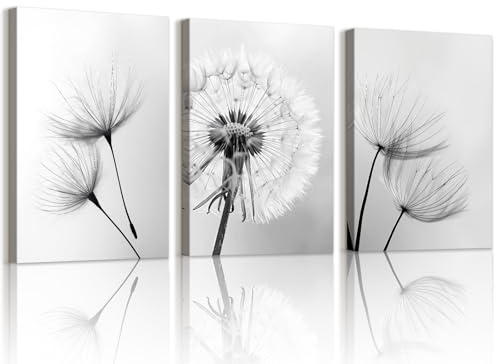 WENGTIAO 3 Stück Schwarz Weiß Löwenzahn Leinwand Bilder Kunstdrucke Gerahmt | Minimalistische Blumen Wandbilder für Modern Wanddeko Wohnzimmer Schlafzimmer 30x40cmx3