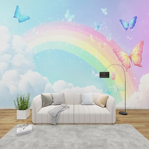QEODAH 3D Tapete Regenbogen Schlafzimmer, Fototapete Bunte Schmetterling, Vliestapete Blau Rosa, Tapeten Wohnzimmer, Mädchen Wolken Wand Deko Kinderzimmer, Wandtapete, Mustertapete Vlies 350x256 cm