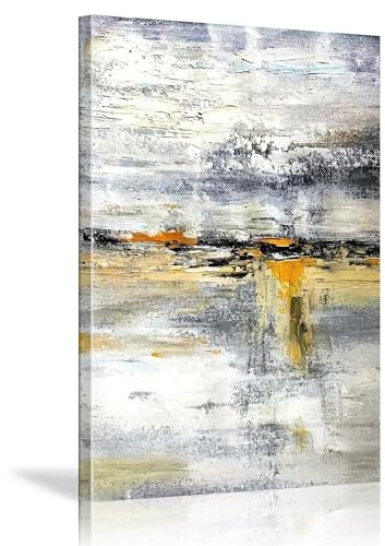 18meng Art Abstrakte Bilder Leinwand XXL 140x80 cm 1 Teilig Leinwandbilder Grau Weiß Gelb Bild auf Leinwand Wandbild Modern Abstrakt Bilder Wanddeko WWohnzimmer Schlafzimmer Mit Rahmen
