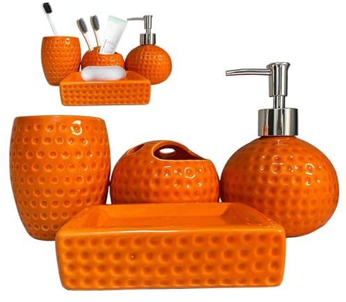 4Pcs Orange Bathroom Set Ceramic Bathroom Accessories Includes Toothbrush Holder Soap Dish Tumbler and Lotion Dispenser for Home Hotel Decor