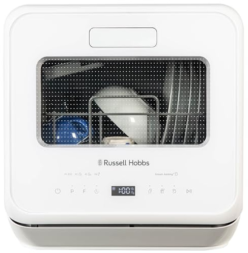 Russell Hobbs Mini Dishwasher Compact Table Top in White 2 Place Setting Dishwasher, LED Touch Control, 4 Programmes, Portable & Efficient, Baby Care, Fruit Wash & Eco Mode, No Plumbing, RH2TTDW0D1W