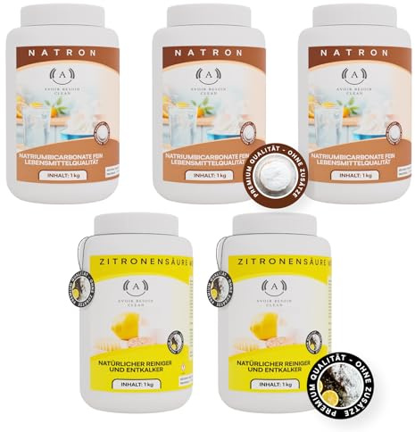 Natron 3x1 kg + Zitronensäure 2x1 kg Set – Lebensmittelqualität E500ii/E330 | Natürliches Reiniger-Set für Küche, Bad & Waschmaschine, Entkalker und Allzweckreiniger für den Haushalt