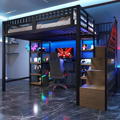 Dolamaní Hochbett 140 x 200 cm Metalbett mit Schreibtisch und Treppe, Bett 140x200 mit stauraum, LED-Lichtleiste & USB-Anschluss, Metalbett Jugendbett Kinderbett, ohne Matratze (schwarz B)
