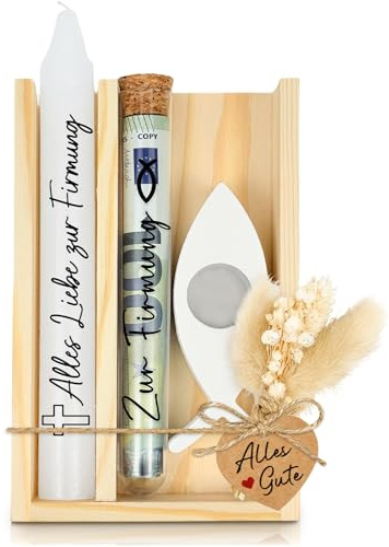 Geschenk Firmung Geschenke Mädchen Jungen, Geldgeschenk Firmung Tischdeko | Firmgeschenk Mädchen Geschenkset, Stilvolles Firmungsset mit Fisch Kerzenständer und Holzverpackung
