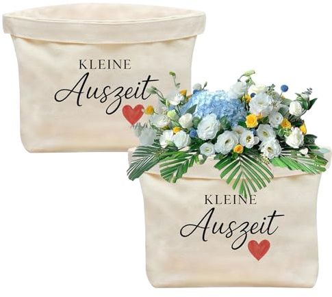 2 Stück Kleine Auszeit Geschenk, Kleine Auszeit Korb Frauen Geschenktüte aus Baumwolle und Leinen Herzmotiv für frauen zum Geburtstag Jubiläum Freundin Geburtstag