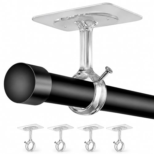 BYSHEGET 4 Supports de Tringle à Rideaux sans Perçage Plafond et Mur | à coller et à visser, compatible avec tringles Ø20–32 mm, pour salle de bain, fenêtre, armoire et cuisine (Transparent)