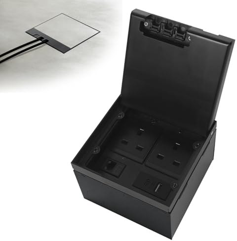 Btstil Recessed Power Socket Box, Stainless Steel Embedded Floor Socket with Double Plug, Waterproof Concealed Socket Outlet Box for Kitchen, Living Room, Office (2AC+USBA+C+1CAT6-Black)