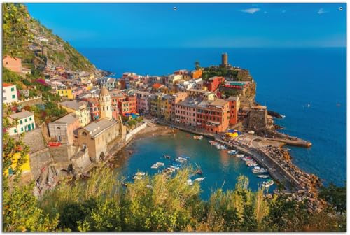 Wallario Outdoor-Poster für Garten oder Balkon Farbenfrohes Küstendorf am Mittelmeer, Motivbanner Größe: ca. 60 x 90 cm, Outdoor-Bild