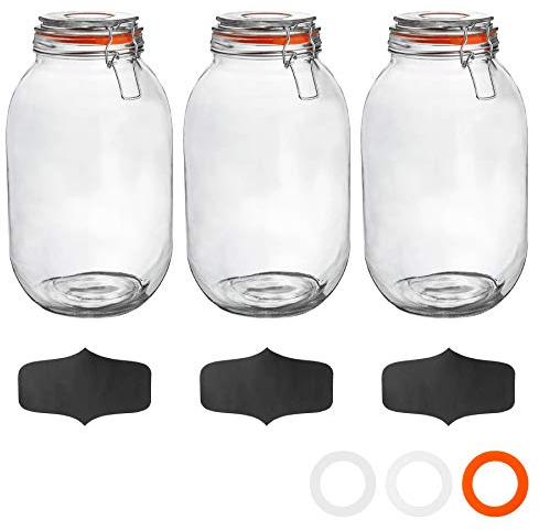 Argon Tableware Glass Jars with Airtight Metal Clip Lid & Chalkboard Stickers - 3000ml/105.5oz - 3 Pack - 4 Colour Seals - Preserving Storage Jar for Pickling, Chutney, Jam, Coffee, Biscuit