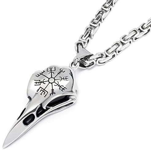 Schmuck-Checker Rabenschädel mit Vegvisir Anhänger + Königskette 316L Edelstahl Hugin Munin Wikinger Germanen Halskette Schmuck Herrenschmuck