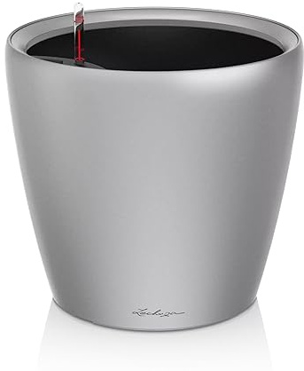 Lechuza Self Watering Plant Pot CLASSICO 21 LS Garden Flower Indoor and Outdoor Small Plastic Planter with Drainage Hole D21 H20 cm Silver Metallic