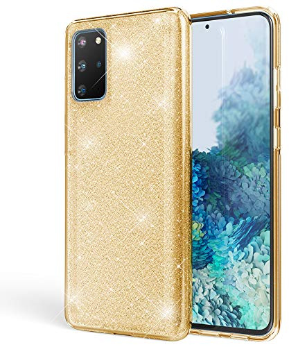 NALIA Glitzerhülle für Samsung Galaxy S20 Plus - Grip - Hülle, Gold | Partikel fest im Material eingeschlossen, 3-Schicht-Schutzaufbau mit Hardcase-Kern, Erhöhter Kamerarand, SHINEPOP