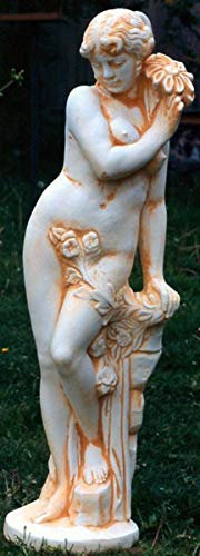 Casa Padrino Große Jugendstil Skulptur Frau mit Blume 40 x H 140 cm Antikstil Creme Patina - Barock Gartendeko - Schwer und Massiv