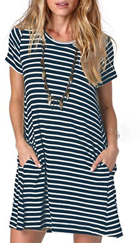 Ancapelion Women's Casual Striped T Shirt Dresses Short Sleeve Loose Mini Tunic Blue Dress for Ladies