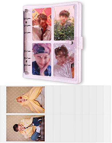 3 Zoll 200 Taschen Tragbares Fotoalbum Fotokarten Ordner Kpop Transparent und 5 Zoll 40 Taschen Foto Seiten Gelee 6 Löcher Ringbuch Abdeckung für Visitenkarten Postkarten Bilder (Lila)