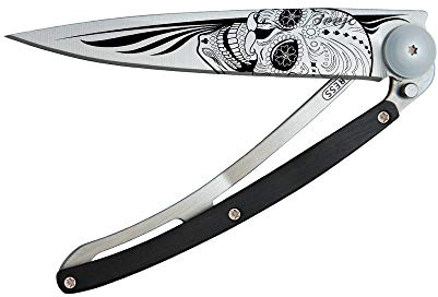 deejo - Messer 37G, Grenadillholz, Latino-Totenkopf-Motiv - Ultraleichtes Klapptaschenmesser mit Gürtelclip - rostfreier Edelstahl Z40C13