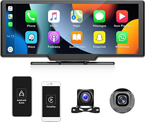 CAMECHO 9.3 Inch Touch Screen Car Stereo, Wireless CarPlay and Android Auto, Portable Car Audio Receiver with Front Dash & Rear View Camera, Bluetooth, AUX/FM, Voice Control, for 7-32V Dashboard Mount